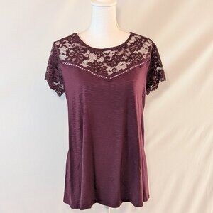 Torrid Winetasting Red Super Soft Lace Yoke Crew Neck SS Top Size 1 NWT